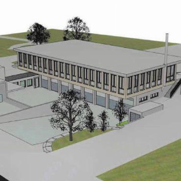 Schnell mal 5,6 Millionen ausgeben - So ist es geplant: Links der bestehende Kindergarten 2, der ausgebaut wird, direkt daneben der Entsorgungsplatz. Der gesamte Werkhof mit den Einstellhallen wird neu im Untergeschoss eingerichtet, darüber befindet sich der neue Doppelkindergarten. Rechts das neue Schulhaus. Bild: zg
