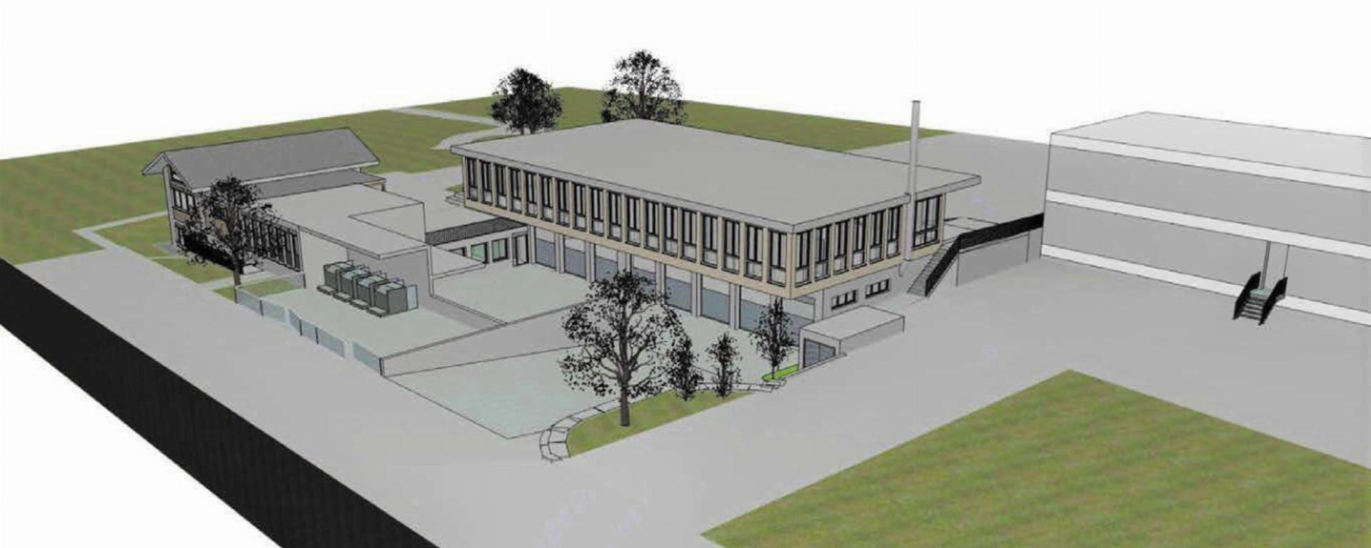 So ist es geplant: Links der bestehende Kindergarten 2, der ausgebaut wird, direkt daneben der Entsorgungsplatz. Der gesamte Werkhof mit den Einstellhallen wird neu im Untergeschoss eingerichtet, darüber befindet sich der neue Doppelkindergarten. Rechts das neue Schulhaus. Bild: zg