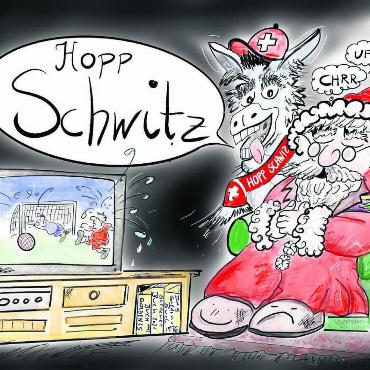 «Hopp Schwiiz» in der Wüste - Fussball-WM in Katar während der Samichlaus-Zeit: Heute Freitagabend steigt das grosse Spiel der Schweizer Nationalmannschaft gegen Serbien. «Auf alle Fälle: Hopp Schwiiz – ich drücke die Daumen», schreibt Karikaturistin Etschgi. Bild: Etschgi