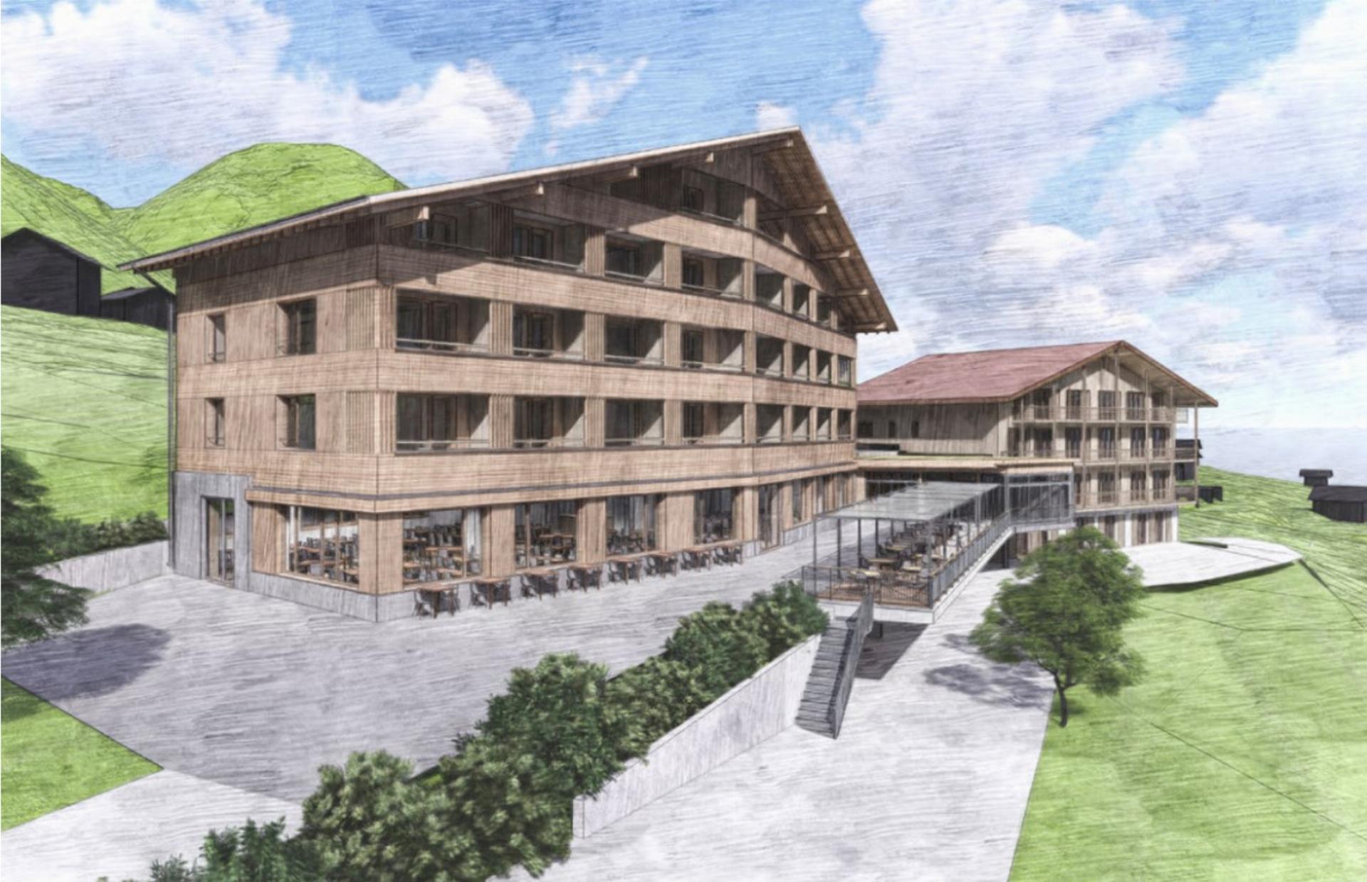 Der Neubau des Haupthauses hat einen Knick in der Fassade, um einen besseren Ausblick auf die Bergwelt zu ermöglichen.