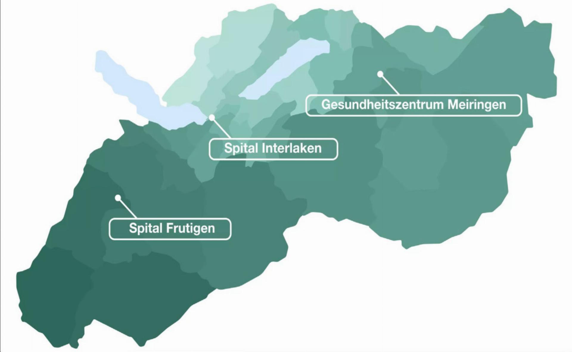 Die drei Standorte der Spitäler fmi AG. In Interlaken startet das Projekt in die Pilotphase. BILD: ZVG