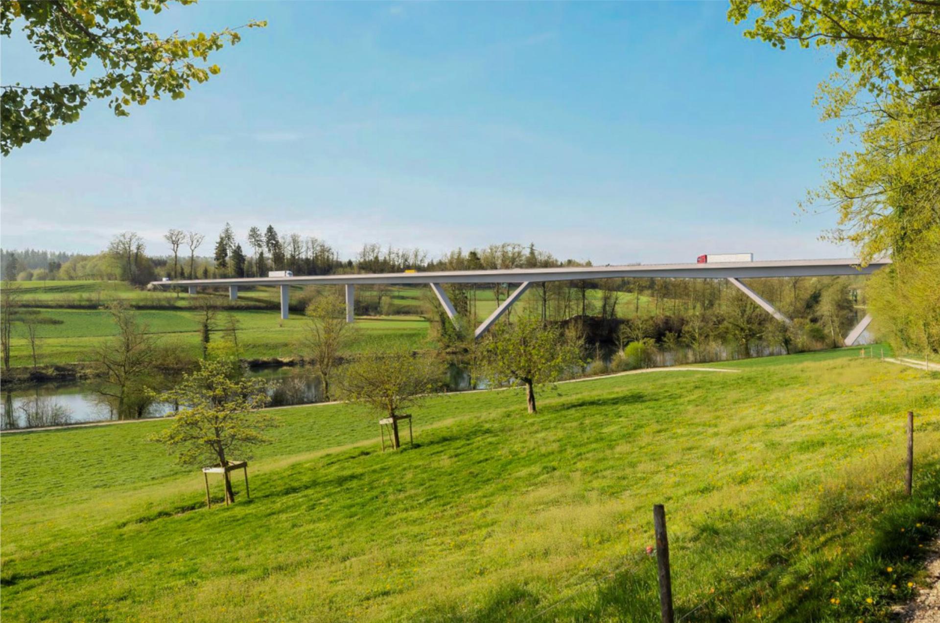 Beton im Smaragdgebiet: Eine 480 Meter lange Aarebrücke wäre Teil der geplanten Umfahrung in Aarwangen. VISUALISIERUNG: SWISS INTERACTIVE AG