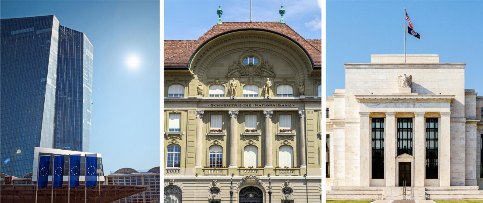 Zentralbanken vereint im Kampf gegen die Inflation (v.l.): Der Hauptsitz der Europäischen Zentralbank (EZB) in Frankfurt am Main, die Berner Filiale der Schweizerischen Nationalbank (SNB) und das Hauptportal des Federal Reserve Board Building in W ashington D.C., Sitz der mächtigen US-Notenbank FED. BILDER (V.L.): BJÖRN BUXBAUM-CONRADI, DOGANMESUT, TANARCH / STOCK.ADOBE.COM