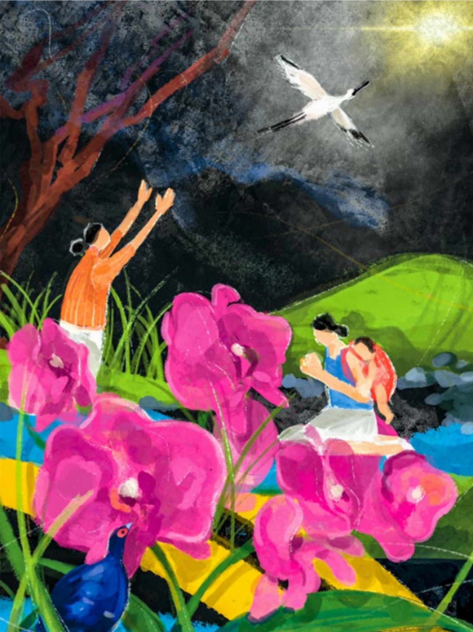 Das Titelbild auf dem Liturgieheft mit dem Mikadofasan (unten links) und dem fliegenden Schwarzgesichtlöffler. BILD: ZVG
