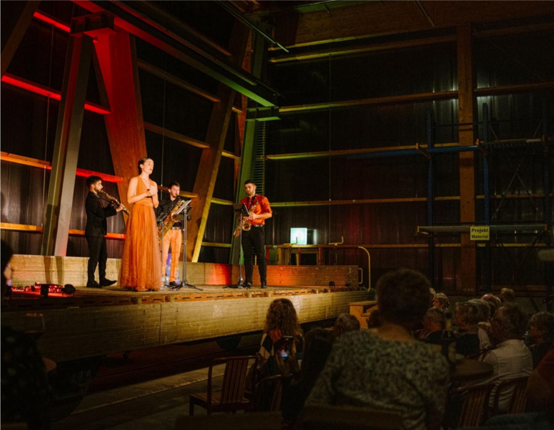 Ein besonderer Moment: Tenorsaxofonistin Jocelyn Erard singt «Ay, triste, que vengo». Das Saxofonquartett spielte auf einem Eisenbahnwagen im BLS-Erhaltungszentrum. BILD: ANJA ZURBRÜGG