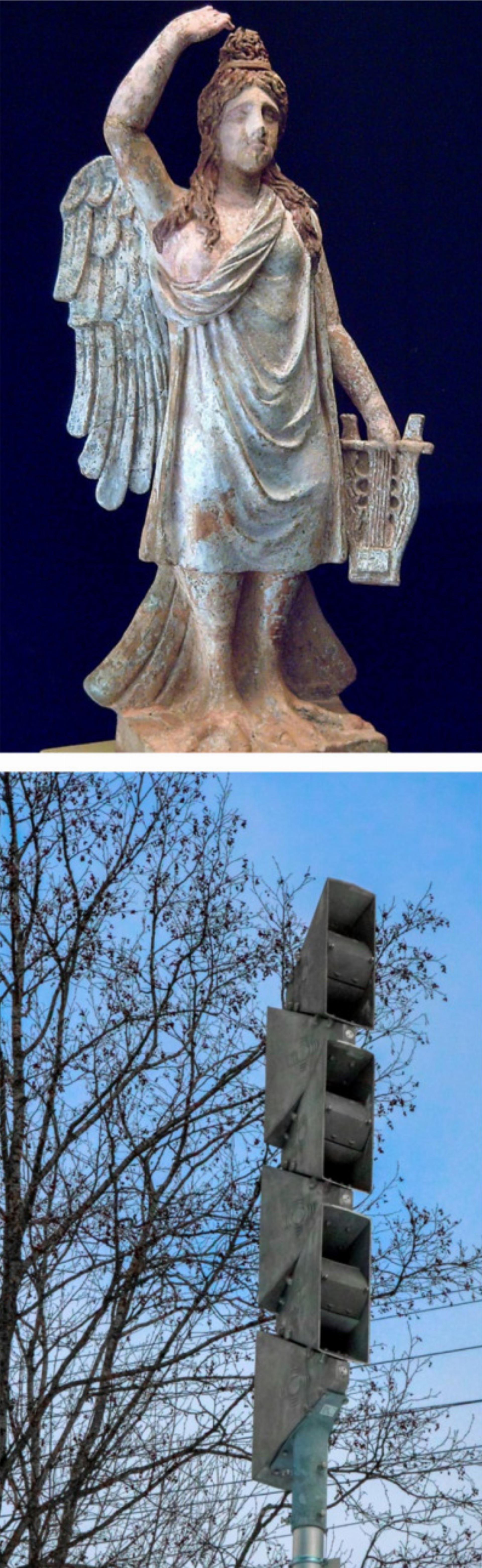 Oben: Statuette einer Sirene, dargestellt mit Beinen, Flügeln, einem Vogelschwanz und einer Zither. Unten: Einen völlig anderen Anblick – und Ton – bietet dagegen die moderne Sirene. BILDER: LUIS GARCÍA / WIKIMEDIA, KATHARINA WITTWER
