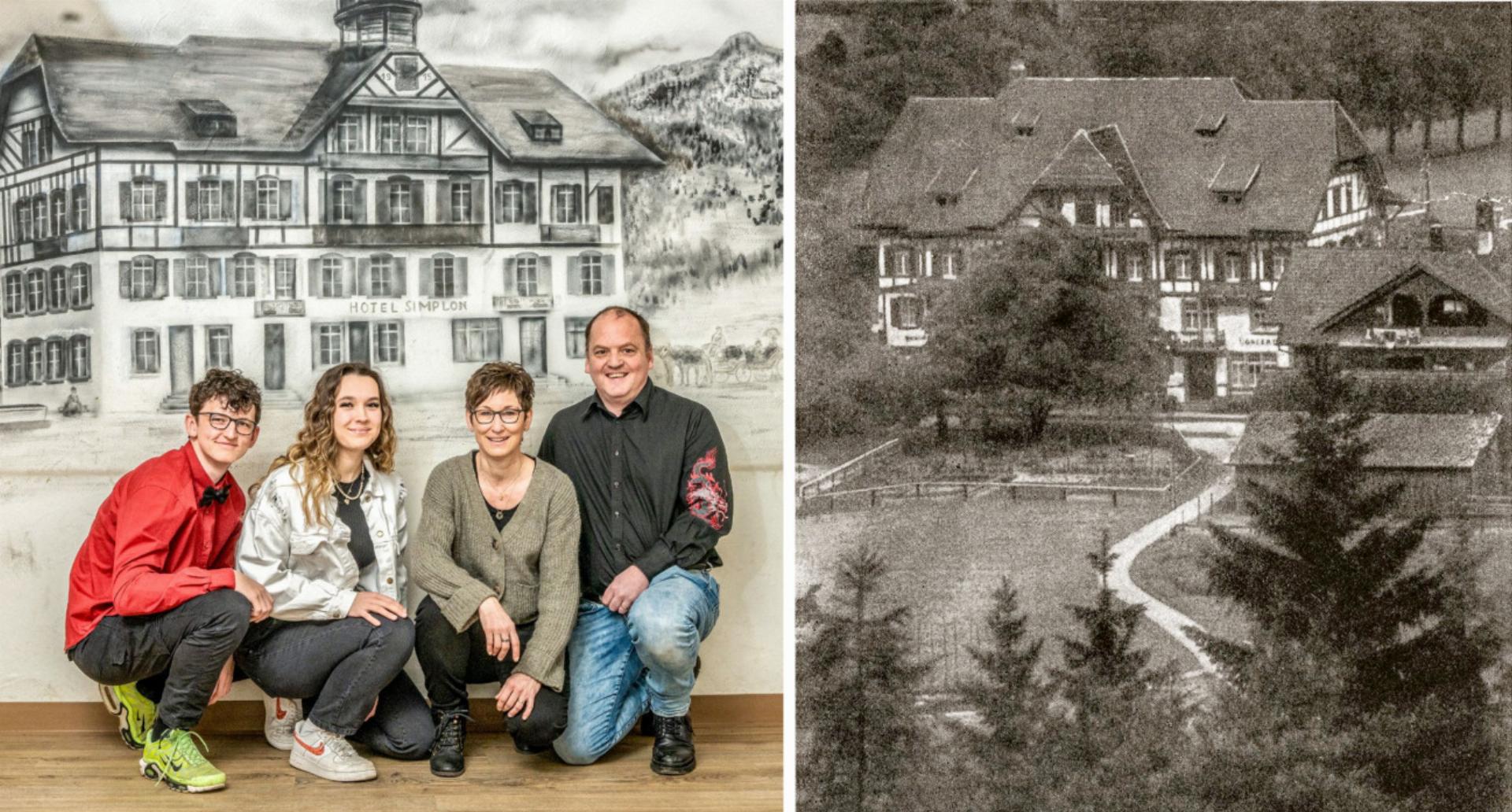 Familie Hossmann (v. l.): Simon, Chanel und ihre Eltern Sandra und Andreas Hossmann-Zenhäusern. Rechts eine Luftaufnahme des «Simplon» aus den 1930er-Jahren.
