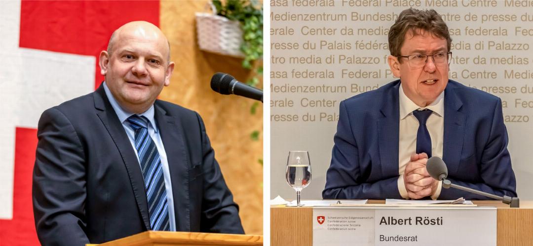 Die Abstimmungskampagne läuft. Ernst Wandfluh vom Referendumskomitee (l.) sowie Bundesrat Albert Rösti, der für ein Ja wirbt. FLYER: ZVG / BILDER: MICHAEL SCHINNERLING