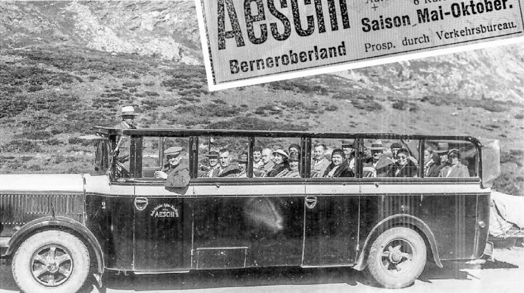 Skifahren in Aeschi. Ein Postauto des Autoverkehrs Spiez–Krattigen–Aeschi bei einem Ausflug auf einer und Krattigen verbunden. Beworben wurde Aeschi damals als «Luftkurort 1. Ranges».