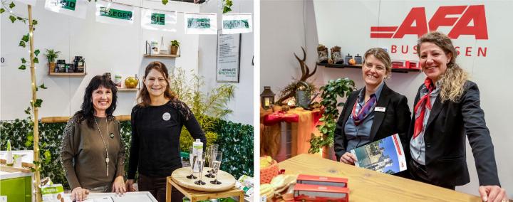 1: Anita Grisolia (l.) und Madeleine Hänni waren am Stand bei «Herbalife Nutrition» anzutreffen. 2: Liliane Greber (l.) und Sandra Bircher vertraten die AFA Automobilverkehr Frutigen–Adelboden AG. «Uns ist wichtig, dass die AFA im Berner Oberland als Busreiseunternehmen erkannt wird», so Bircher. BILDER: MICHAEL SCHINNERLING