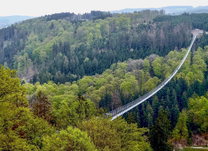 Zum Zeitpunkt des Baustellenbesuchs fehlten noch die «Seitenwände» an der 668 Meter langen Fussgängerhängebrücke. BILD: KATHARINA WITTWER