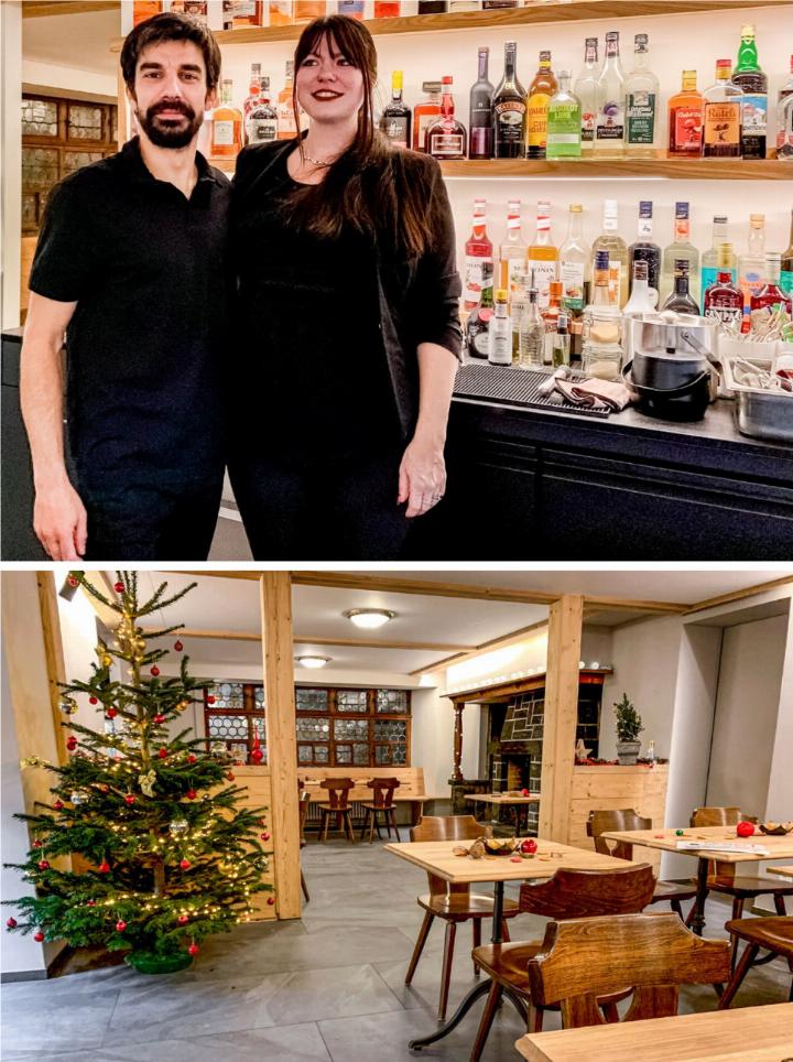 Die frisch renovierte «Gemmi-Taverne» wird von Edgar Fontes und Ayeisha Ehlert (oben) geführt. Die Leitung des noch zu renovierenden Hotels wäre dem Ehepaar nach eigenen Angaben «eine Nummer zu gross». BILDER: HÜS