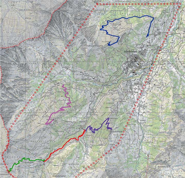 Die künftigen Bikestrecken Lurnig (grün), Hahnenmoos (rot), Silleren (rosa) und Tschenten (blau) sowie der bereits bestehende Höchst-Trail (violett). PLAN: ZVG