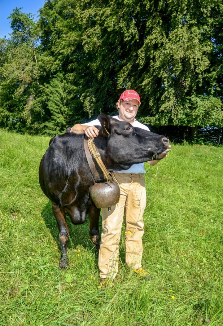 Während die fünfeinhalbjährige «Lulu» mit Philipp Luginbühl vor der Kamera posiert, sucht ihr Nachwuchs «Lover» auf der Wiese oberhalb von Leissigen das Weite. BILD: HANS HEIMANN