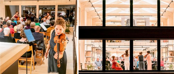 Ungewöhnlicher Auftakt eines Konzerts: Bei der Uraufführung des Stücks «We are ...» war das Moser String Quartet ständig in Bewegung und nutzte dabei den ganzen Raum aus. Vorn mit Geige Patricia Muro, im Hintergrund am Fenster Lea Galasso (links, mit Cello) und Ariadna Bataller (rechts, mit Viola). Zum kammermusikalischen Teil des Konzerts nahmen die vier Streicherinnen dann die Bühne ein – hier ein Blick von aussen in die Ideenwerkstatt der Künzi Knutti AG. ALLE BILDER: SABINE BURGER