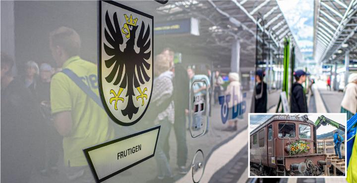 Die blank polierte MIKA-Komposition Nr. 114 trägt nun stolz das Frutiger Wappen. Kleines Bild: Eine der letzten existierenden Ae 8/8-Lokomotiven wurde für die Besucher geschmückt. BILDER: HSF