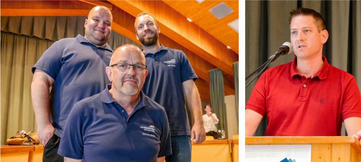 Links: Die neue Geschäftsleitung der Gondelbahn besteht aus (v. l.) Martin Heiniger (Betriebsleiter), Kurt von Allmen (technischer Leiter) und Yanik Winiger (Instandhaltung). Es fehlt David Zurbrügg (Leiter Winterbetrieb). Rechts: Verwaltungsratspräsident Christoph Wandfluh. BILDER: HSF