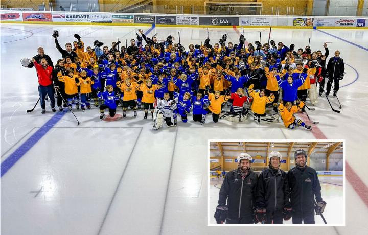 Thomas Willen (kleines Bild l.) holt immer wieder spannende Trainerpersönlichkeiten nach Adelboden. Bei Martin Hänggi (Mitte) und Scott Jacklin (r.) lernten die über 80 Kinder viel für ihre sportliche und persönliche Entwicklung. BILDER: BARBARA WILLEN