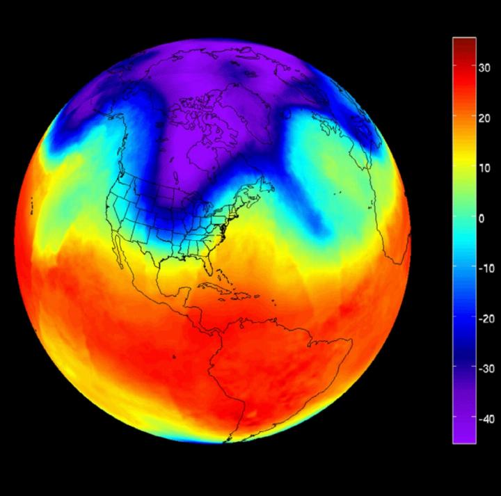 Ein instabiler Polarwirbel über dem Nordpol auf einem Infrarotbild der NASA. Die Farbe blau steht für die tiefen Temperaturen des Kaltluftpakets (siehe Skala rechts). Deutlich zu erkennen sind die Zungen oder «Kältepeitschen», die gen Süden in die USA und rechts auch nach Europa und bis nach Afrika hinein ragen und dort für einen Kälteeinbruch sorgten. BILD: NASA/JPL-CALTECH AIRS PROJECT