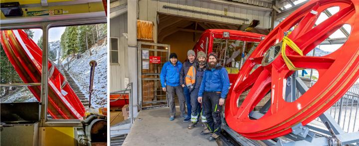 Waren beim Verladen des Gegenrads an vorderster Front dabei (v.l.): Niesen-Geschäftsführer Urs Wohler, Garaventa-Projektleiter Martial Stark, Garaventa-Chefmonteur Ueli Schmid und Andreas Wiedmer, Leiter Betrieb und Technik der Niesenbahn. BILDER: ZVG / NIESENBAHN AG / MICHAEL SCHINNERLING