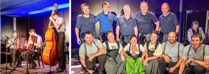 Links: Mit dem Ländlertrio Gantegruess war «lüpfige» Musik auf der Bühne garantiert. Rechts: Das Wagenführerteam der Niesenbahn gemeinsam mit allen MusikerInnen. BILDER: ZVG