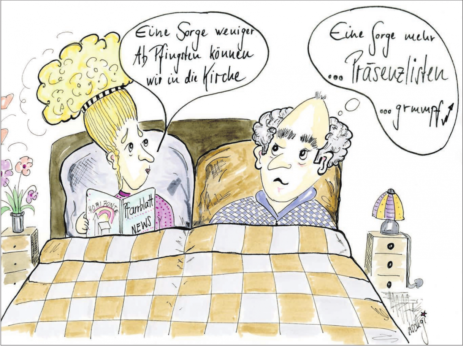 «Wir gehen ein Stück weiter Richtung Normalität. Die Schweiz macht das gut», dies schreibt Karikaturistin Etschgi und zeichnet «Herr und Frau Schweizer im Bett». Diese beiden Figuren sind eben so richtig cool, findet sie. «Ich mag die beiden.» Beide verfügten über versteckten Humor… «Es kommt gut», so die Prognose von Etschgi. Bild: Etschgi
