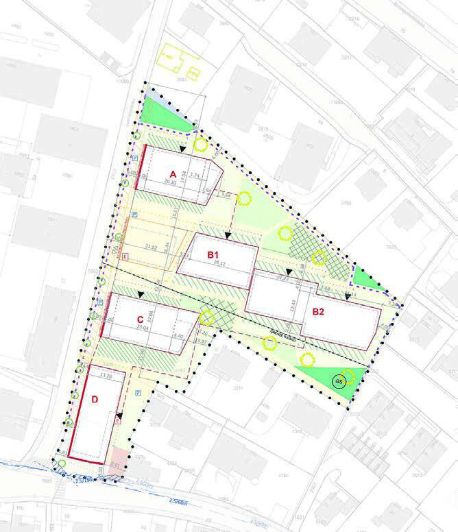 Der Situationsplan: Die vier Wohnhäuser (A, B1, B2, C) werden gleich gestaltet. Wobei das östliche Gebäude (B2) weniger hoch sein wird. Das Wohn- und Gewerbehaus (D) wird dort realisiert, wo heute das Restaurant Gotthard steht.