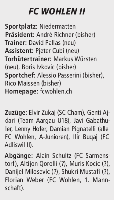 FC Wohlen II 2020/21, hintere Reihe, von links: Manuel Hähni, Elvir Zukaj, Javier Gabathuler, Michael Rupp, Tom Vogel, Leonardo Nascimento, Dardan Ramoja. Mittlere Reihe: Rico Maissen (Koordinator), David Pallas (Trainer), Nenad Bijelic, Luca Romano, Leonardo Pasqualicchio, Markus Würsten (Goalietrainer), Alessio Passerini (Sportchef). Vordere Reihe: Kerem Kursun, Mattia Bochicchio, Davide Benintende, Lenny Hofer, Ilir Buqaj, Alejandro Scheifele, Joël Roth, Genti Ajdari, Egzon Nrecaj. Es fehlen: Davide Serratore, Damian Pignatelli, Loris Eberhard, Colin Saxer, Betim Morina, Pjeter Cubi (Assistenztrainer). FC Wohlen II 2020/21, hintere Reihe, von links: Manuel Hähni, Elvir Zukaj, Javier Gabathuler, Michael Rupp, Tom Vogel, Leonardo Nascimento, Dardan Ramoja. Mittlere Reihe: Rico Maissen (Koordinator), David Pallas (Trainer), Nenad Bijelic, Luca Romano, Leonardo Pasqualicchio, Markus Würsten (Goalietrainer), Alessio Passerini (Sportchef). Vordere Reihe: Kerem Kursun, Mattia Bochicchio, Davide Benintende, Lenny Hofer, Ilir Buqaj, Alejandro Scheifele, Joël Roth, Genti Ajdari, Egzon Nrecaj. Es fehlen: Davide Serratore, Damian Pignatelli, Loris Eberhard, Colin Saxer, Betim Morina, Pjeter Cubi (Assistenztrainer).