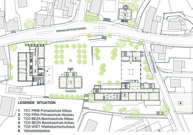 Der Situationsplan zeigt alle fünf Bauten auf dem Halde-Areal und die künftigen Veloabstellplätze (6) an der Pilatusstrasse. Bilder: pd